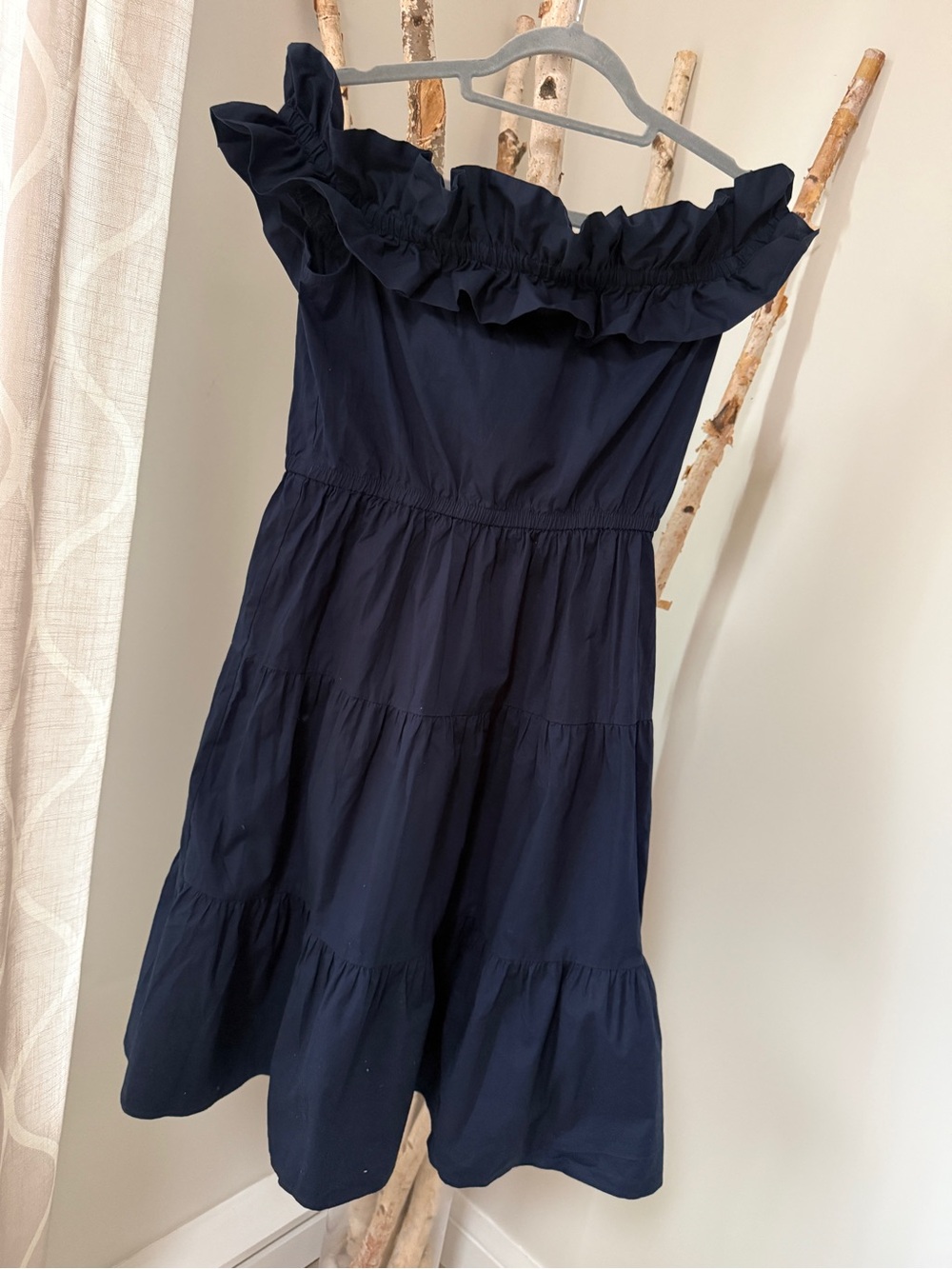 London Times Navy Ruffle Off-Shoulder Tiered Dress